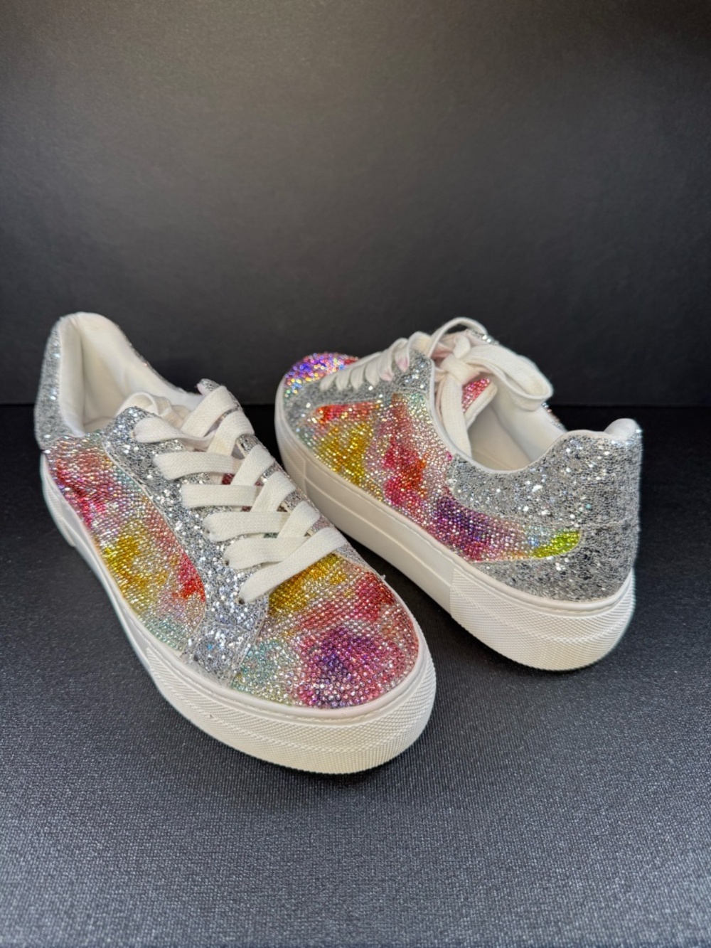 NEW Betsey Johnson Rhinestone Sneakers Floral Sparkle Platform Size 6